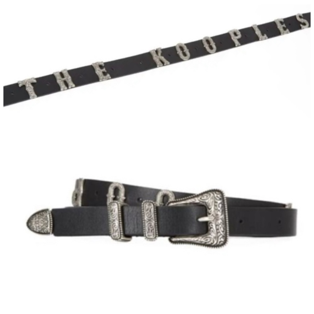The Kooples Spell Out Logo Western Etched Black Leather Belt size 3/Large NEW